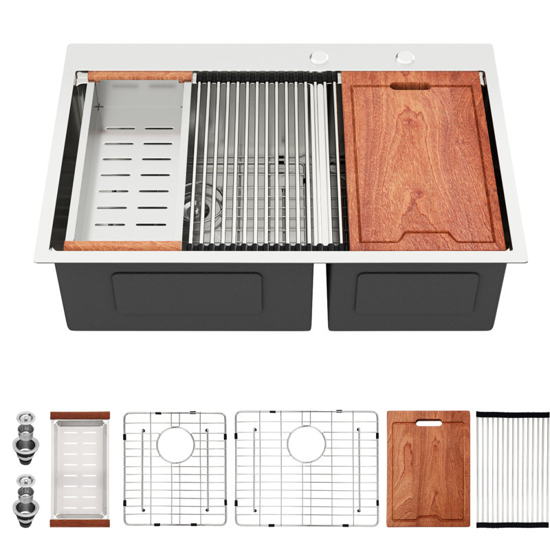 16 Gauge T304 Stainless Steel Double Bowl  60/40  Topmount Drop - In Kitchen Sink 33"X22"X10", Brushed Nickel Finish, X Shaped Water Flow Design, R10 Rounded Corner, Condensation Coating, 3Mm Pad,