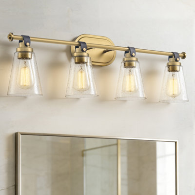 4-Light Antique Gold  Vanity Light With Seeded Glass Shade