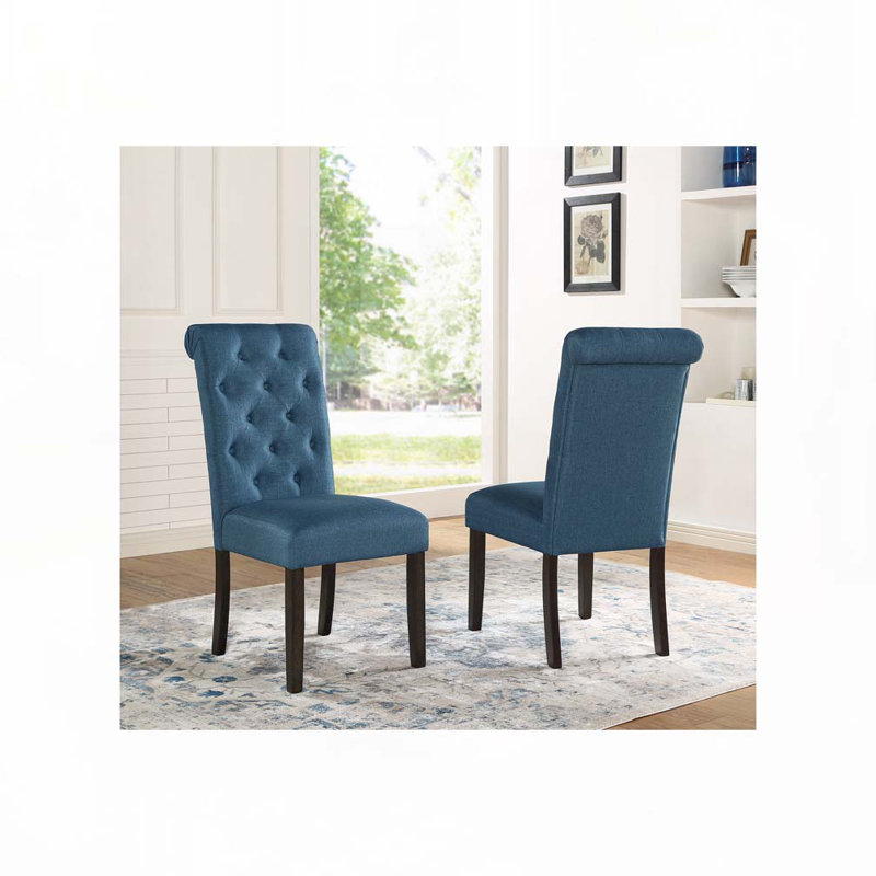 Ensemble de chaises de salle à manger rembourrées en polyester avec dossier capitonné et pieds en bois, Bleu