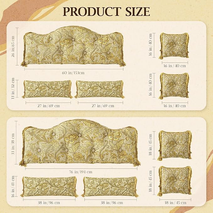 Sit-up Back Comfort Upholstered Button Tufted Headboard Set 5-Piece Chenille Luxury Printed Wall Panels Lumbar Backrest Support Bed Pillow Headboards with 4 Tassels Decorative Throw Pillows Compression