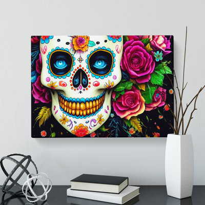 Bold Floral Sugar Skull - Wrapped Canvas Print
