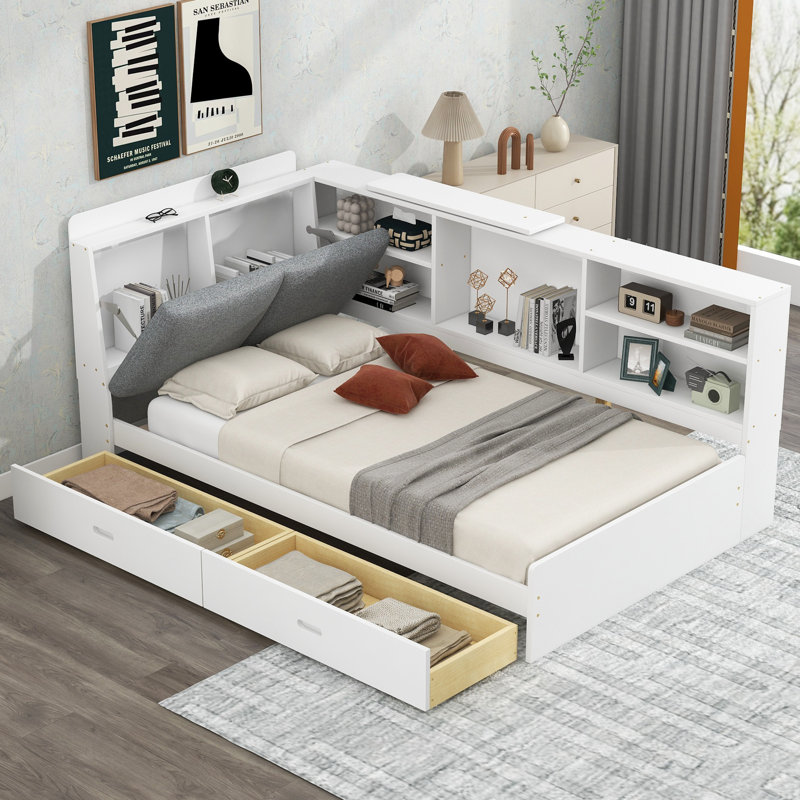 Daybed with Upholstered Storage Headboard, Bookcase and 2 Drawers, Wood Platform Bed with Storage Shelves and Rotatable Storage Board