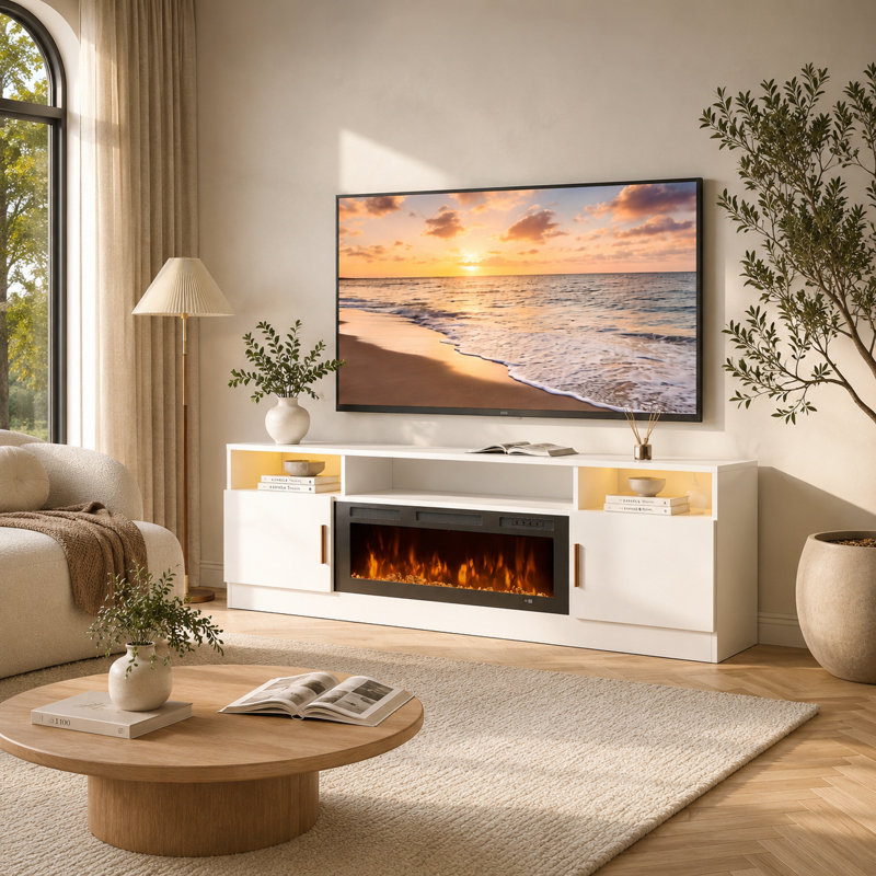80" Electric Fireplace TV Stand , fits TVs Up to 90", Media Console with Electric Fireplace and Power Outlets, 12 Flame Colors，Large Storage Space