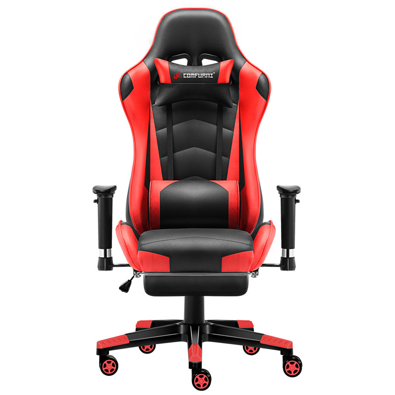 JL Comfurni JD-S0 Adjustable Reclining Ergonomic Faux Leather Swiveling PC & Racing Game Chair with Footrest, Black/Red