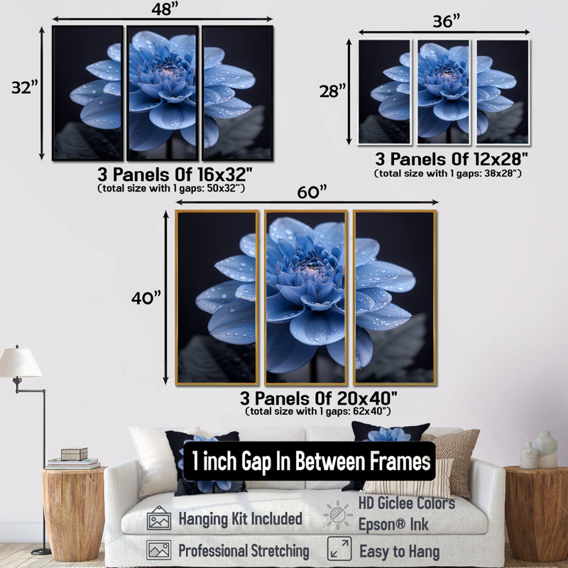 Monochromes noirs et bleus «Dahlia Bloom» - ensemble d'art mural Dahlia, H 40 po x l 60 po x P 1 po