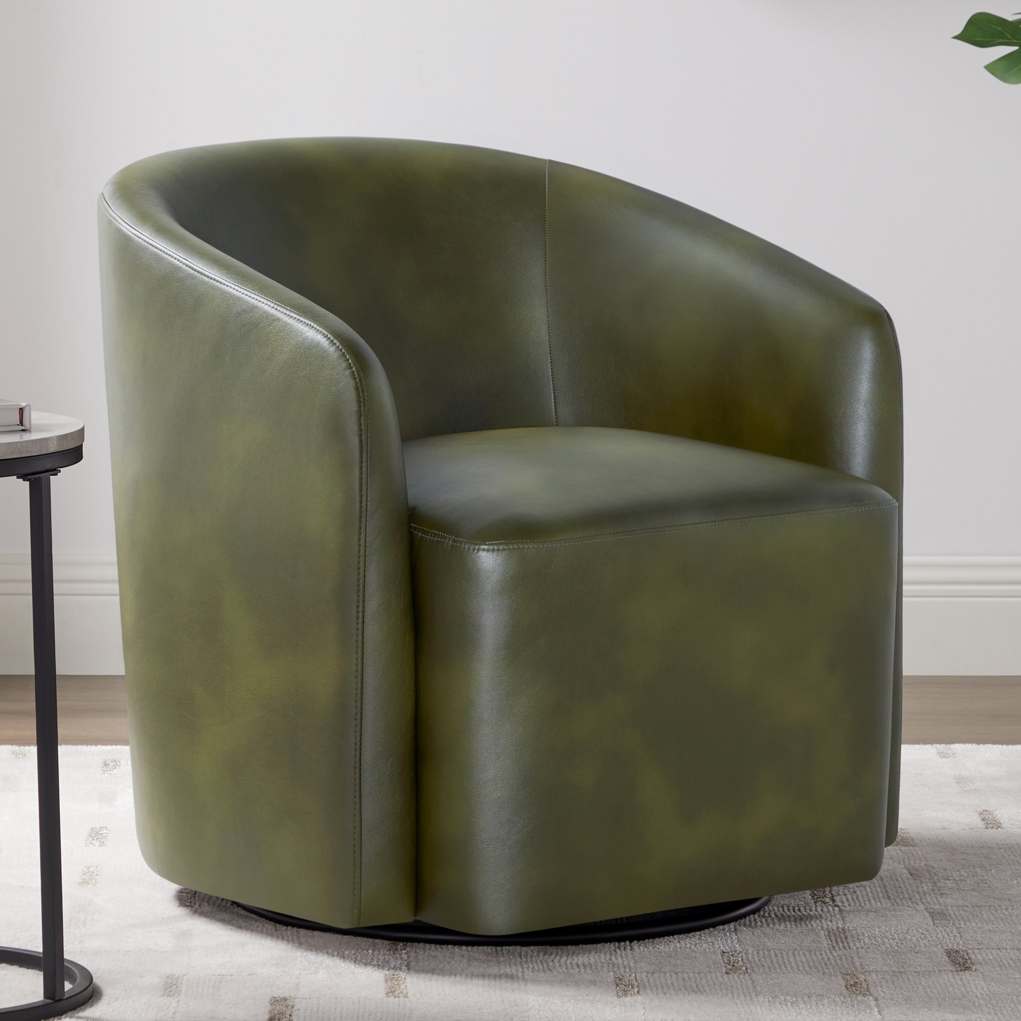 Armino Midnight Faux Leather Swivel Barrel Chair, Fern Green Faux Leather