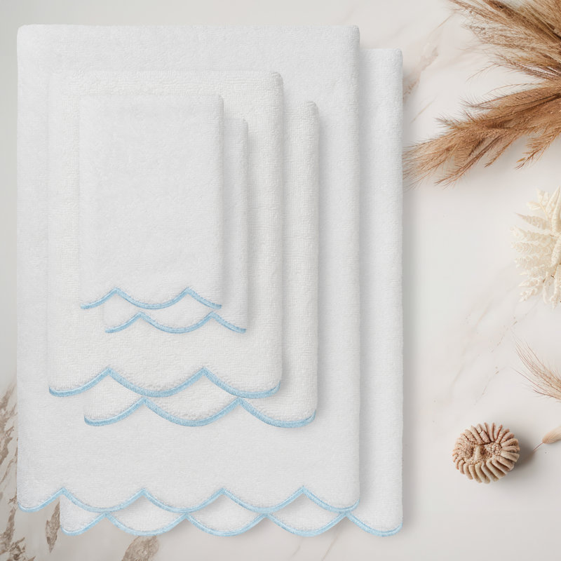  100% Turkish Cotton ADORNIA Scallop 6PC Towel Set, 6 Piece Towel Set, White/Blue