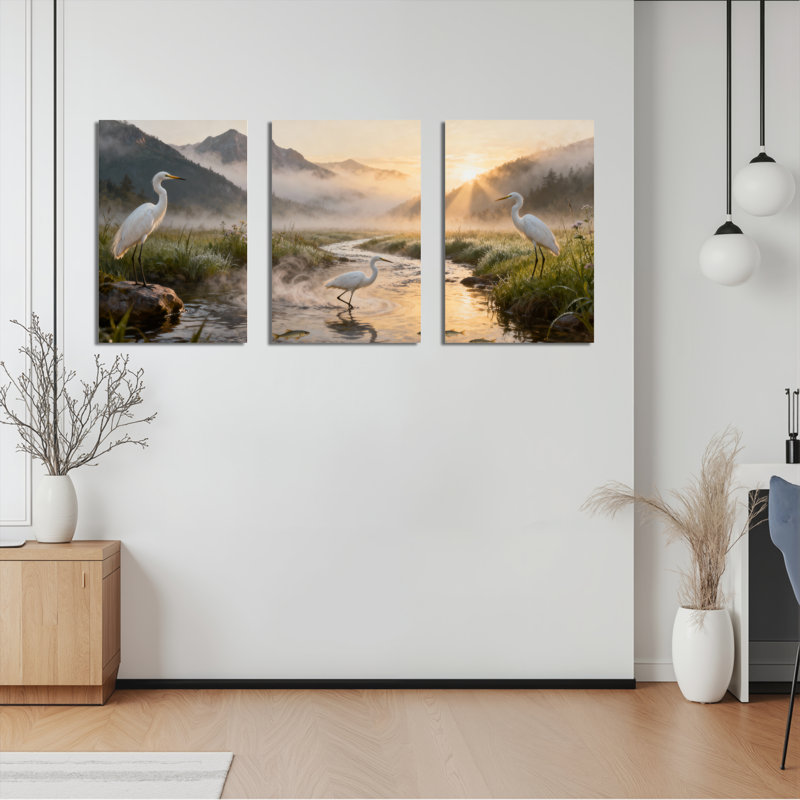 Ensemble de 3 tableaux sur toile tendue représentant un héron blanc dans un ruisseau de montagne, H 18 po x l 36 po