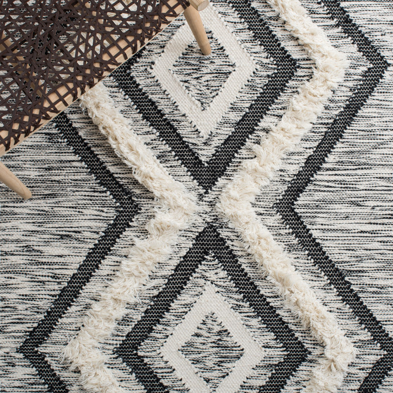 Tapis en laine / coton tissé à la main Adamary en ivoire / noir, Rectangle 6 pi x 9 pi