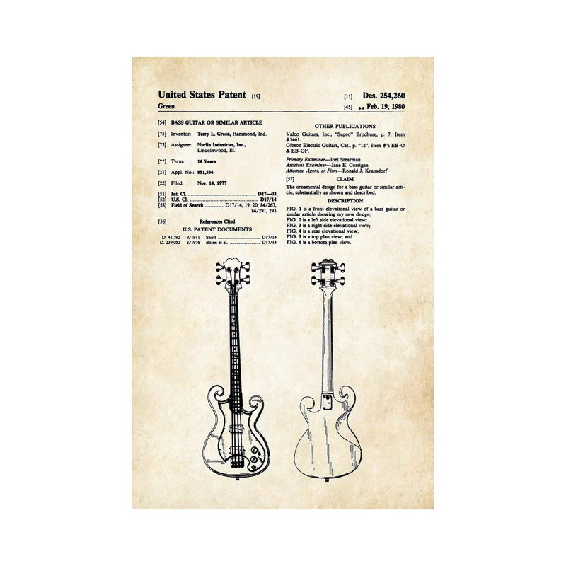 «Epiphone Scroll Bass Guitare» par brevet77 - impression sur toile tendue, H 18 po x l 12 po x 1,5 po