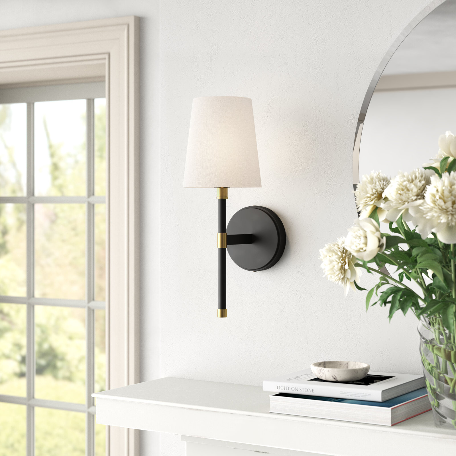 Quinley Single Light Steel Dimmable Armed Sconce, Black/Brass