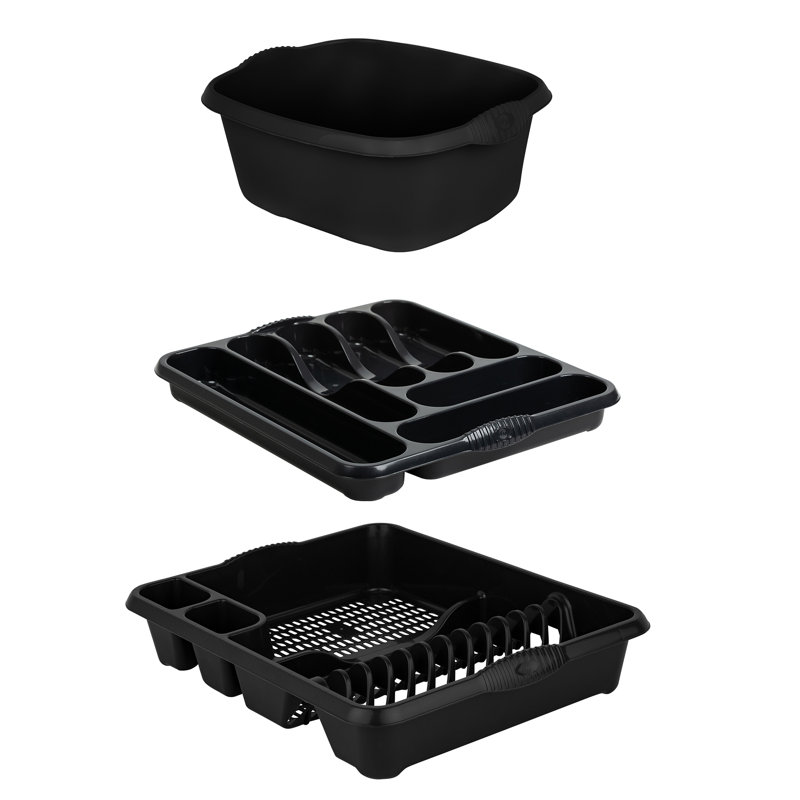 Wham 3 Piece Kitchen Set (38cm Rectangular Bowl, Large Cutlery Tray & Large Dish Drainer), Black