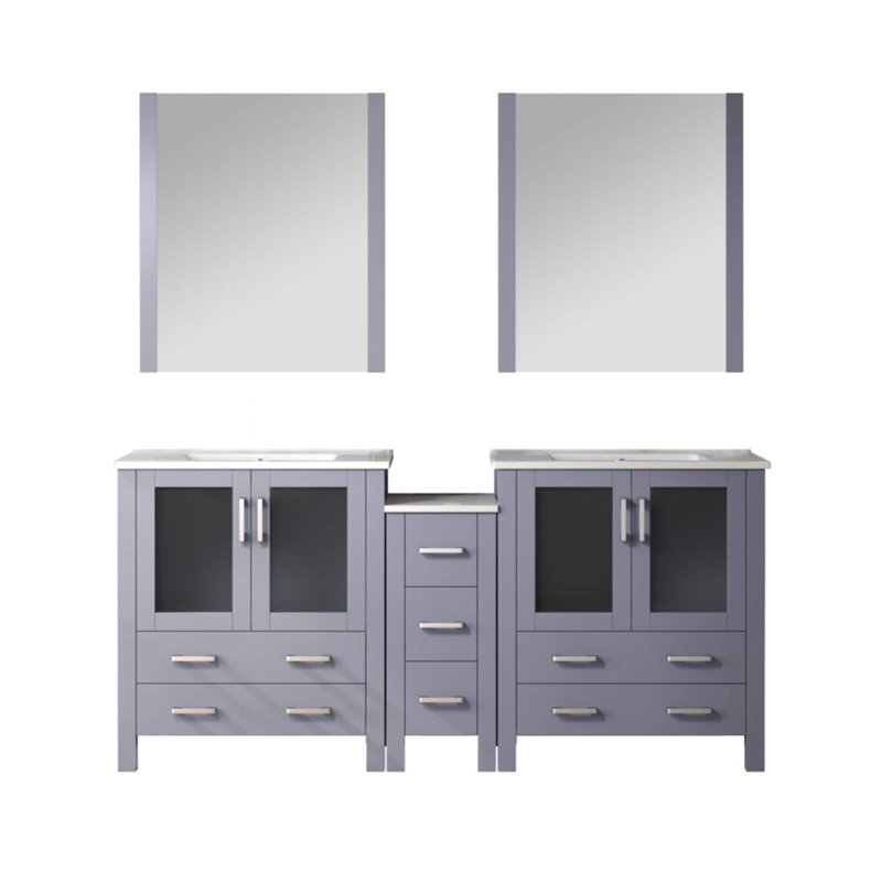 Meuble-lavabo double gris foncé de 72 po X P 18,25 po D, avec armoires latérales, plateau en céramique blanche et Miroirs