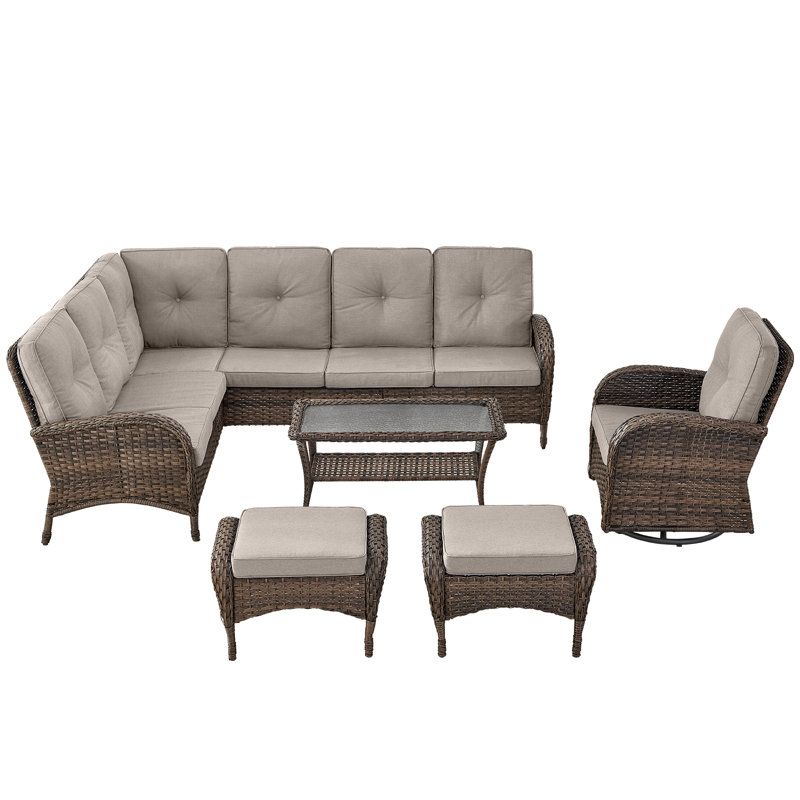 Ensemble de conversation modulaire d'extérieur en osier avec coussins 6 pièces Serita Trym, Beige