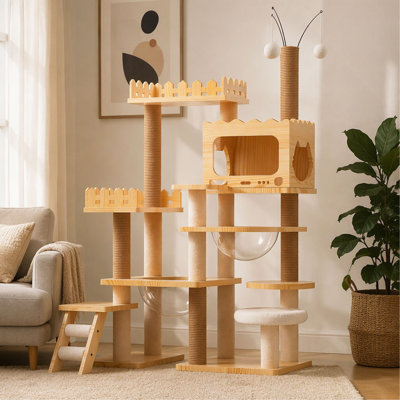 Tour pour chat, 66,9 po, conception moderne en bois pour chats d'intérieur avec poteaux à griffes recouverts de sisal, perchoir supérieur et hamac en acrylique - pour les foyers multi-chats