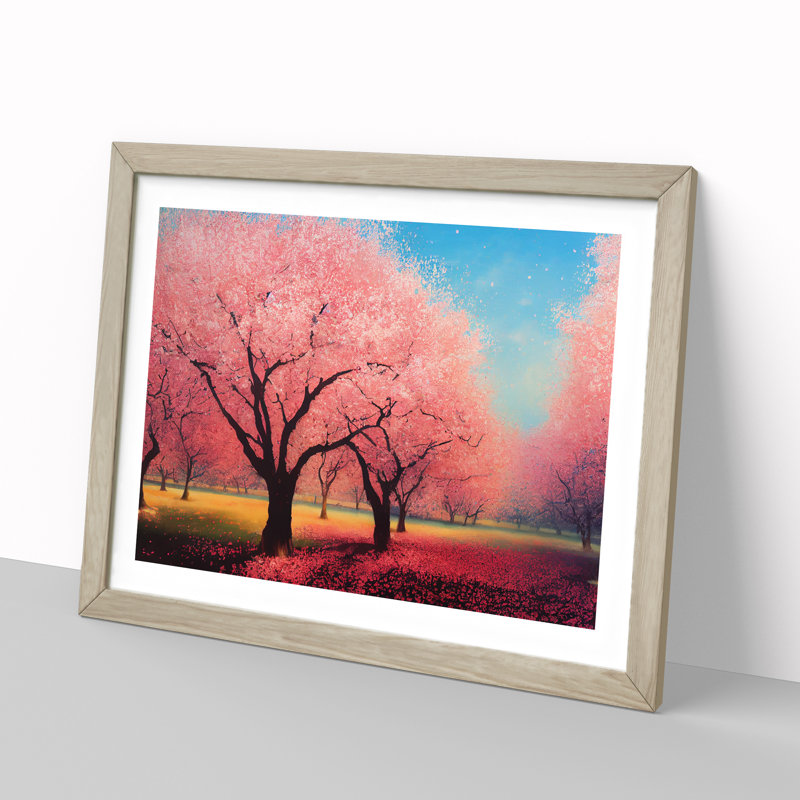 Bright Cherry Blossom Trees - Single Picture Frame Print, 46cm H x 64cm W x 2cm D, Oak Framed