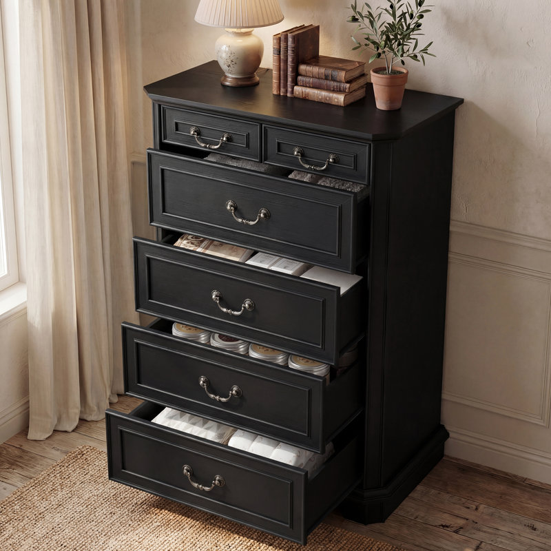 Vintage 6 Drawer Dresser,46'' Tall Wood Chest of Drawers for Bedroom with Metal Handle, Black
