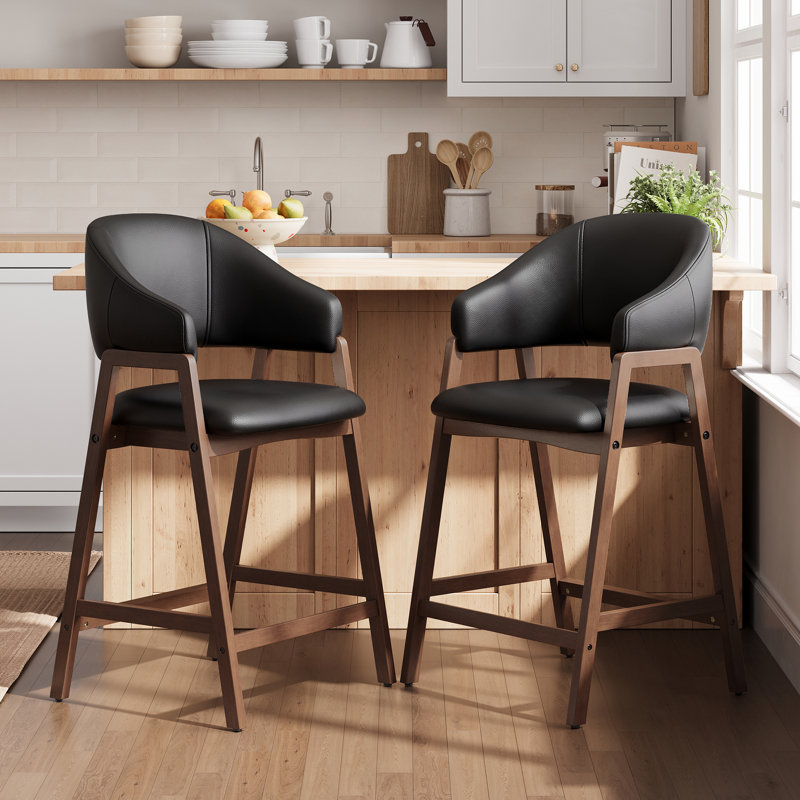 Tabouret de bar rembourré en bois massif, Noir, 2
