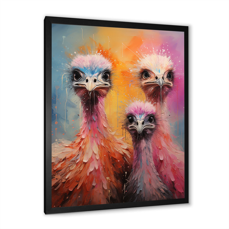 " Ostrich Whimsy Portraits ", 20" H x 12" W x 1" D, Black Single Picture Framed
