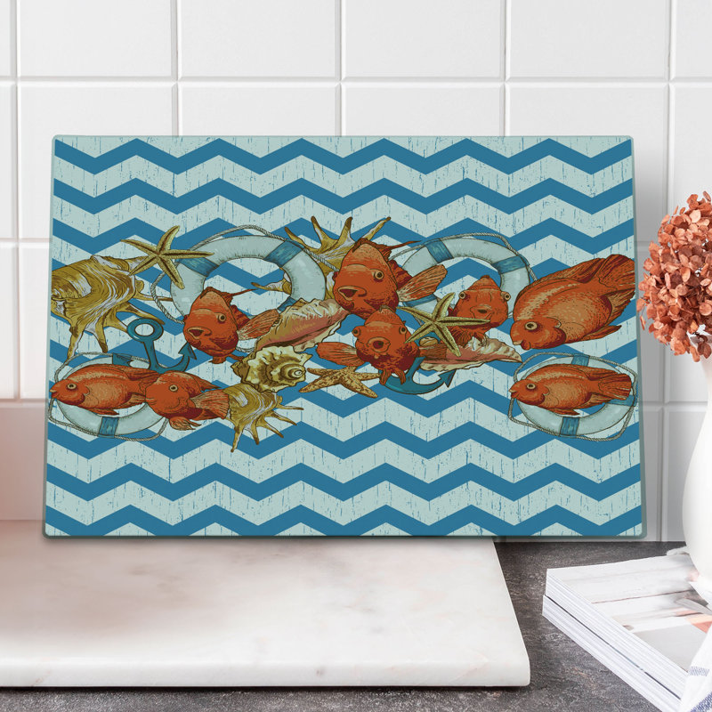 Ambesonne Nautical Cutting Board Large Size Fish Shell Ahoy Chevron Multicolor