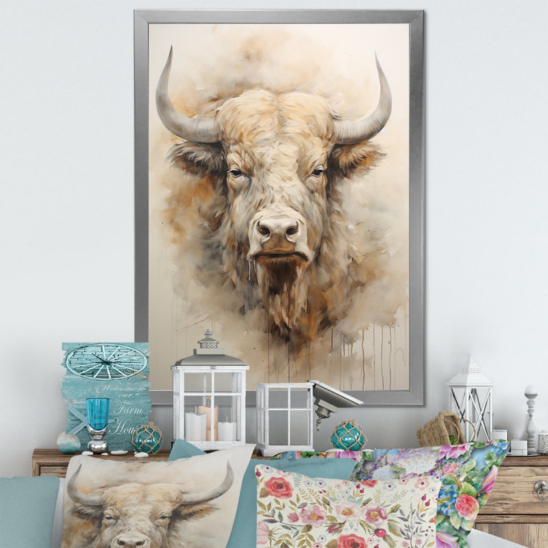 Tête de bison Buffalo sur toile, H 32 po x l 24 po x P 1 po, Cadre simple argenté
