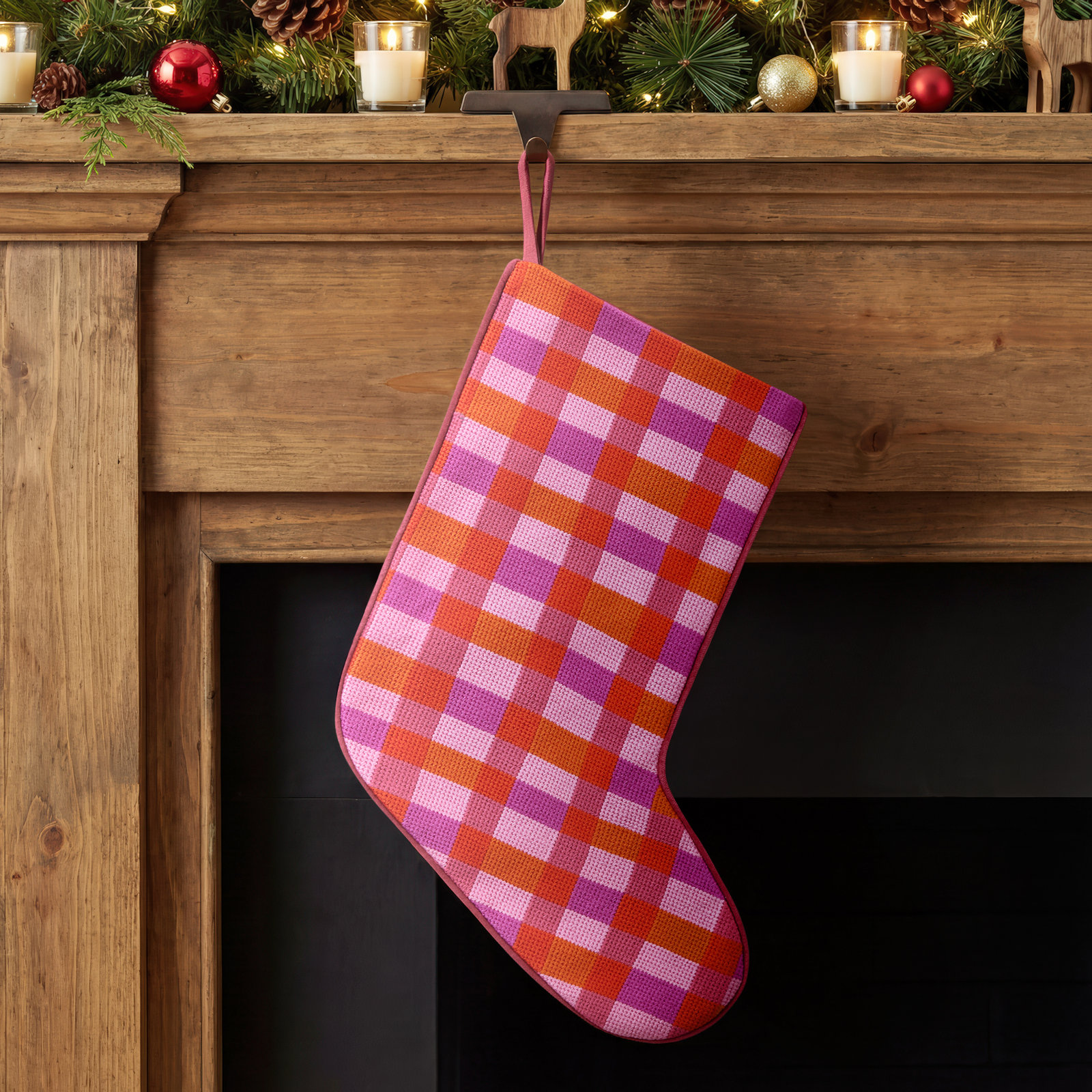 Abstract Plaid Pink Embroidered Holiday Stocking