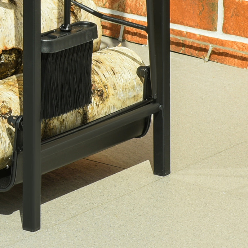 Support à bois de chauffage avec outils de foyer, support de bois de chauffage intérieur et extérieur, fond plat avec 2 niveaux pour foyer, poêle à bois, foyer ou foyer, noir