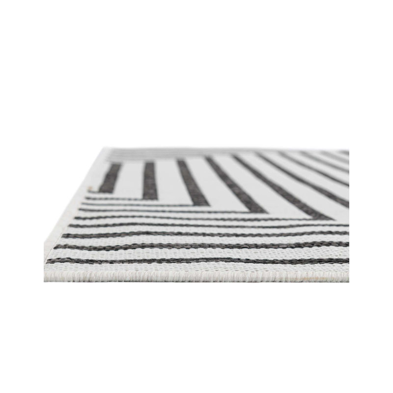 Tapis intérieur / extérieur en polypropylène géométrique tissé à la machine blanc / noir, Rectangle 6 pi 1 po x 9 pi