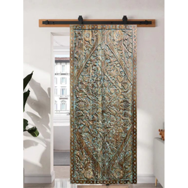 Porte de grange coulissante sculptée Lotus Vintage - portes de jardin doubles, 96 x 42