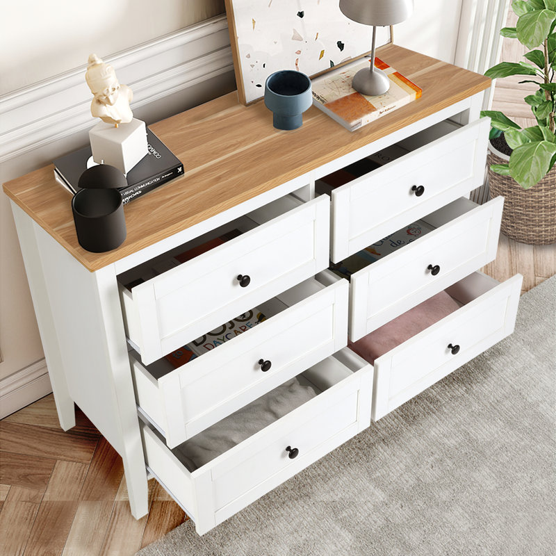 Commode double 6 tiroirs pour chambre Wilma, Bois naturel / blanc