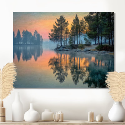 «Sunset At Dawn Lake Summer Mist», reproduction d'art sur toile, paysage orange