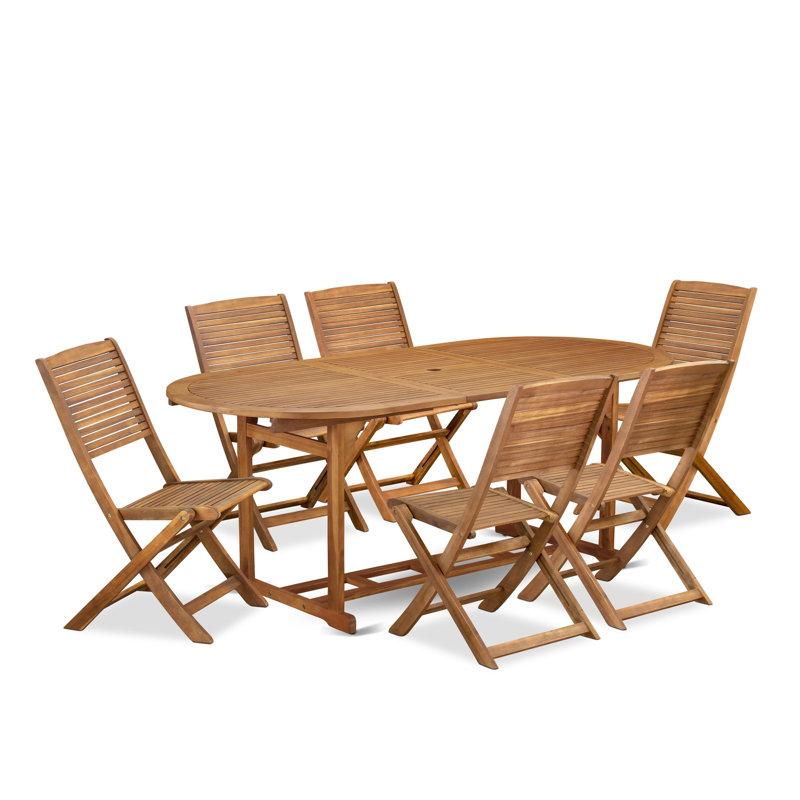 7 Piece Outdoor Patio Dining Sets Includes an Oval Acacia Wood Table and 6 Folding Side Chairs, 36x78 Inch, Natural Oil