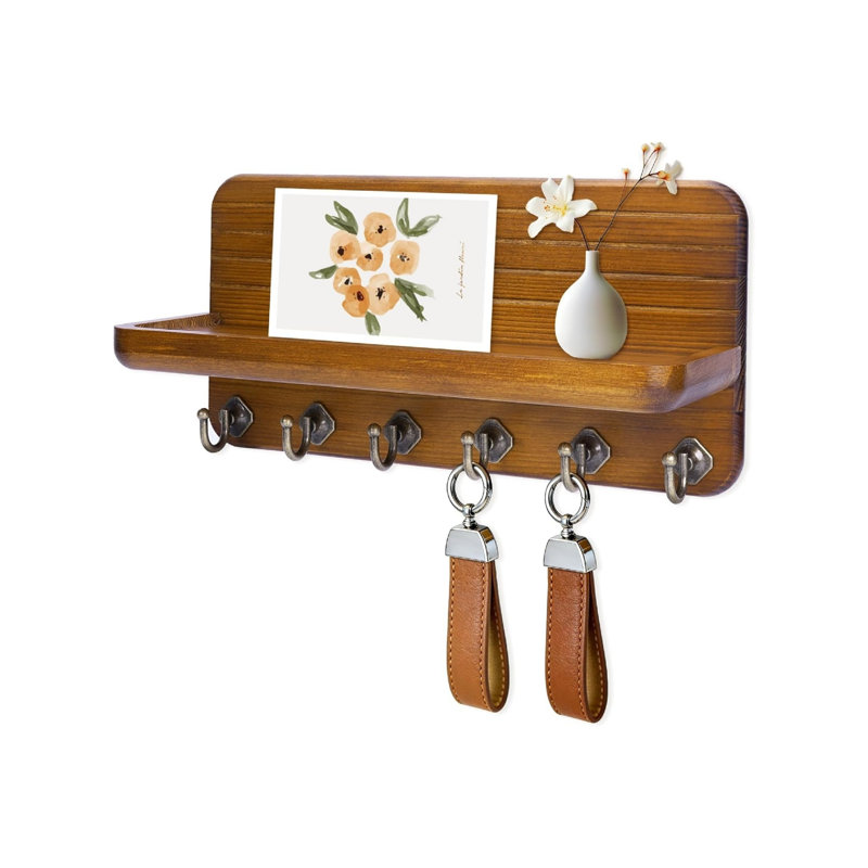 Wood Wall Organizer with Key Hooks, Yellow