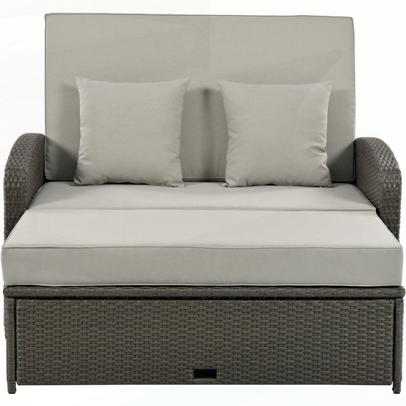 PE Wicker Rattan Double Chaise Lounge, 2-Person Reclining Daybed With Adjustable Back And Cushions, Free Furniture Protection Cover