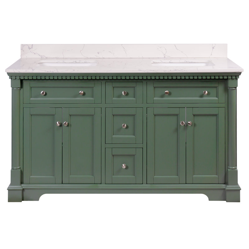 Fossen 60" Double Bathroom Vanity Set with Sage Green Cabinet and Engineered Marble Countertop, Sage Green, Engineered Marble