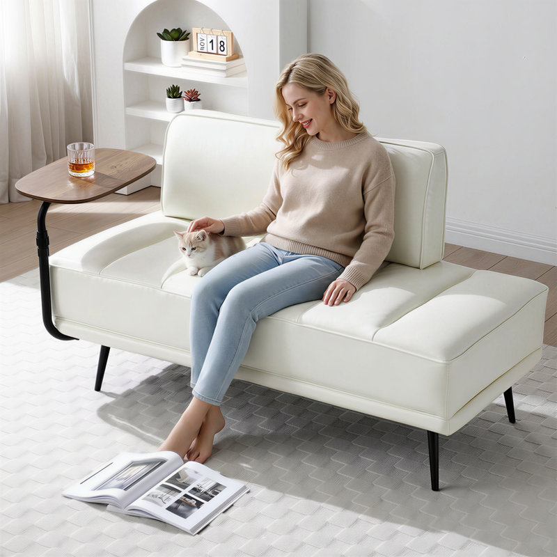 Decorative Bench – Faux Leather, with 360° Rotating Side Table, Suitable for Bedroom or Living Room, Green Faux Leather, No