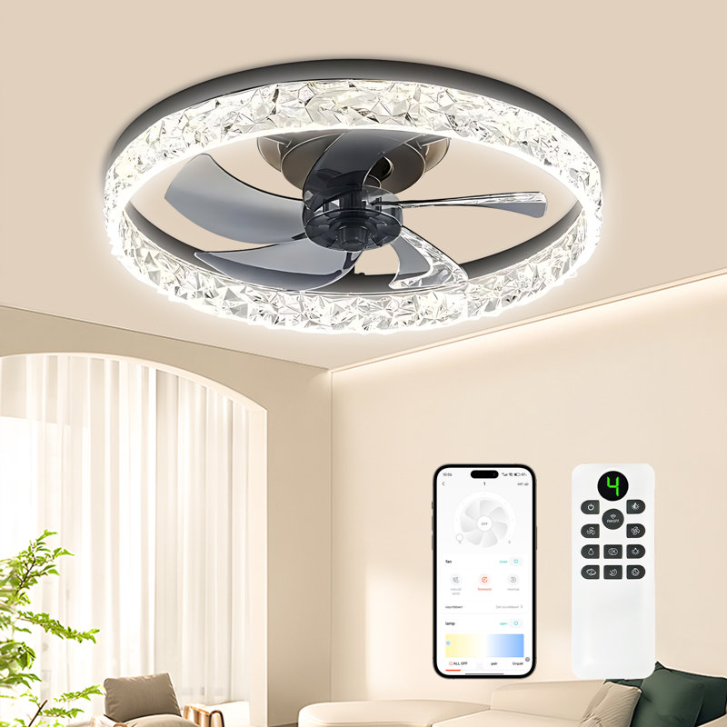 Crystal Ceiling Fan with Light and Remote, 3 Color Temperatures, 6 Speed Quiet DC Motor, Reversible, Dimmable, Economy Version, Bedroom Living Room