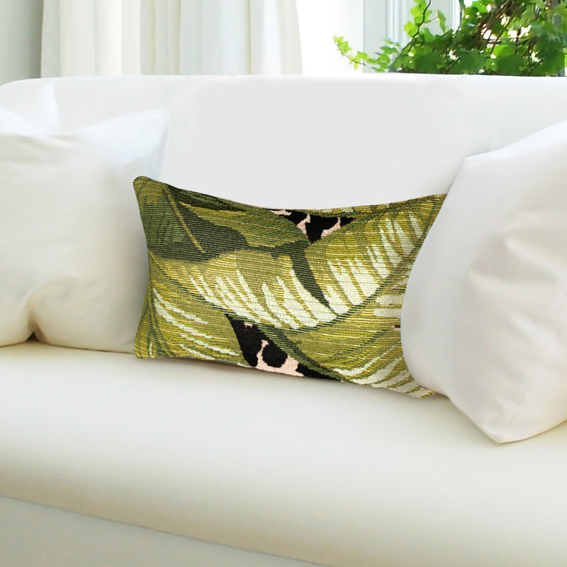 Safari Green Tropical Leaves and Leopard Print Pillow, 12" x 18"
