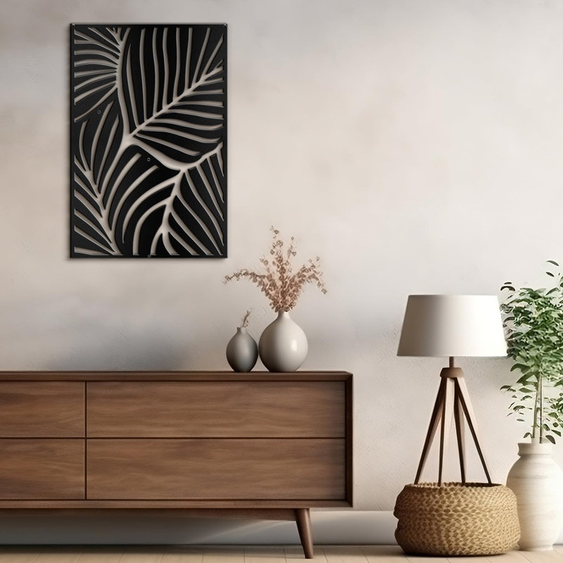 Abstrait feuille de palmier à motif mural moderne abstrait décoratif décoratif à suspendre en métal, Noir