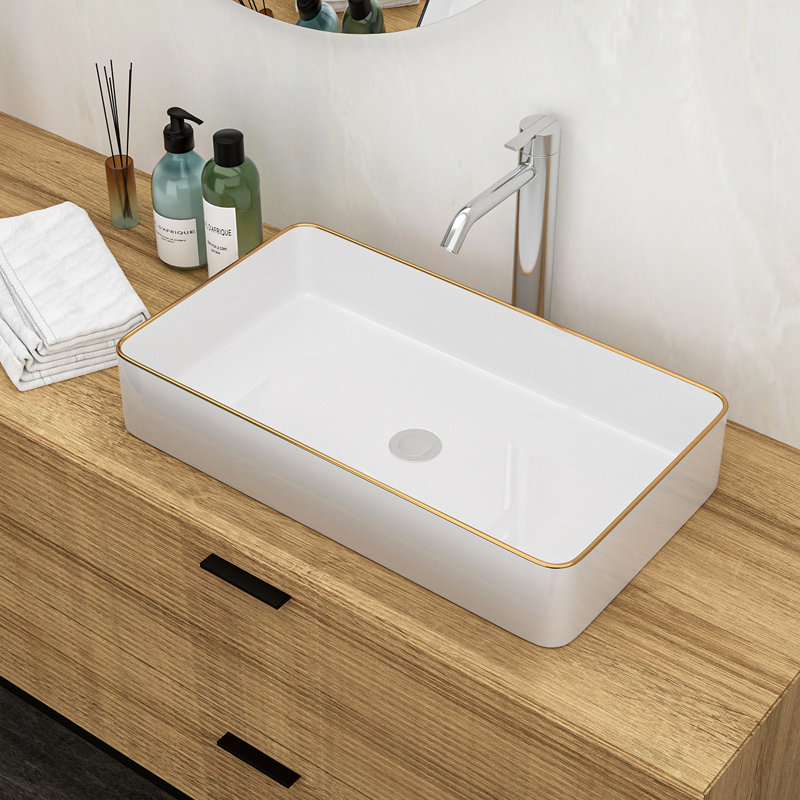 24X14 Inch White Ceramic Rectangular Vessel Bathroom Sink, White