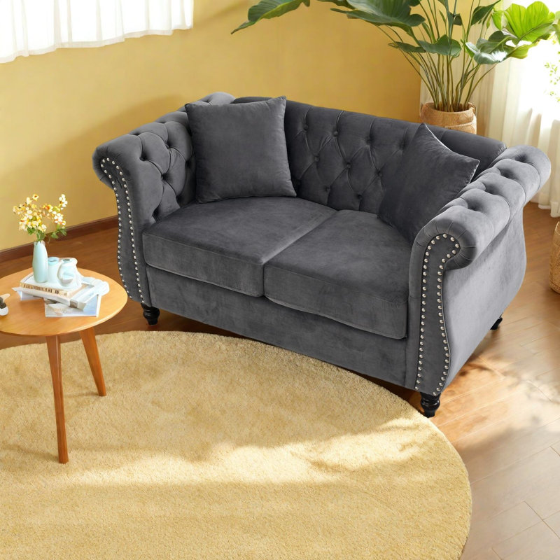 Causeuse Chesterfield à compression en velours gris 58,8 po pour la maison