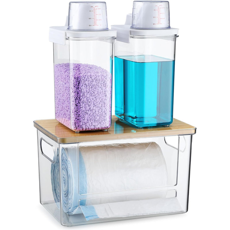 Ensemble d'organisation de buanderie 3 en 1 avec couvercles en bambou, sac à ordures en acrylique transparent et distributeur de détergent pour la lessive, la cuisine et l'évier