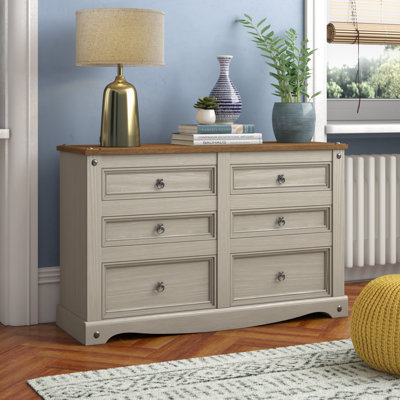 Wes 6 Drawer (3+3) Wide Chest of Drawers, Pine Wax Finish, Corona Design