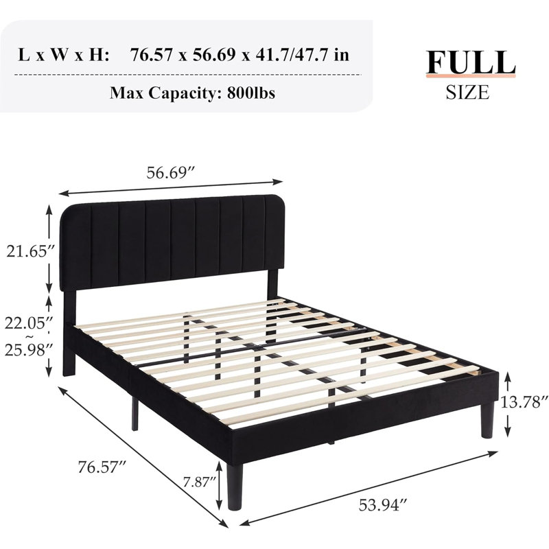 Base de lit pleine grandeur avec tête de lit réglable Haywards, lits plateforme robustes en velours avec support en lattes de bois massif, aucun sommier requis, noir