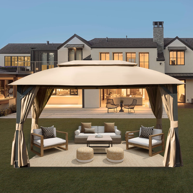 Metal Ventilation Double Roof Party Tent Gazebo, 9.81 ft x 13.86 ft, Brown