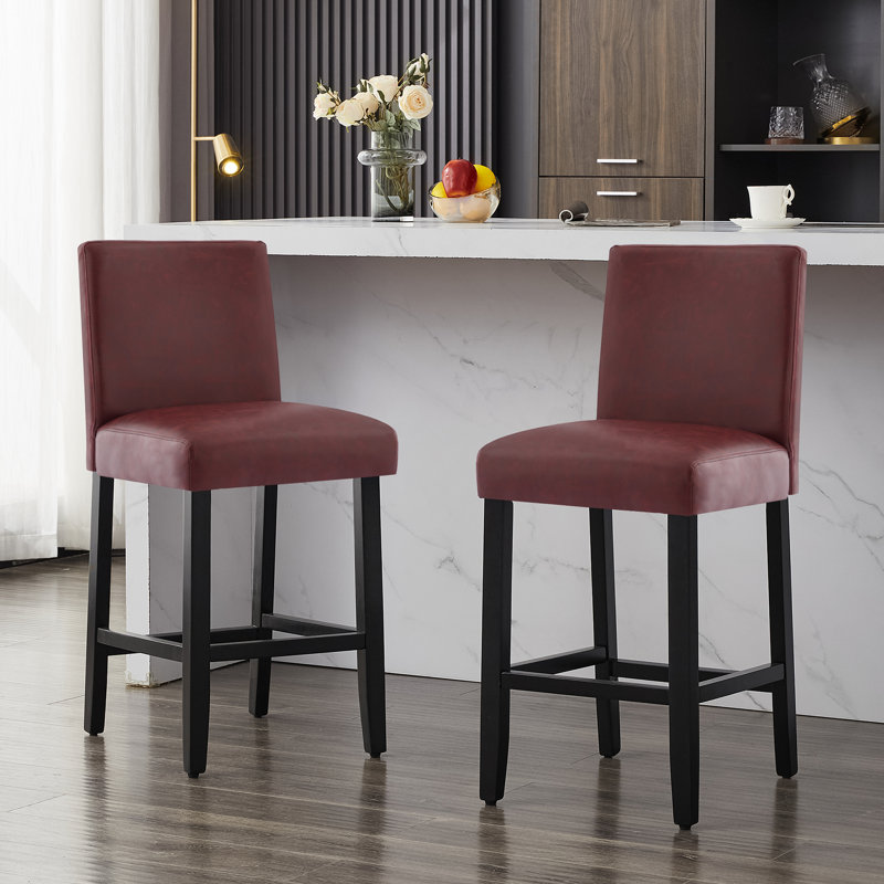 Tabouret de comptoir rembourré de 26 po avec structure en bois massif, 2, Rouge / similicuir