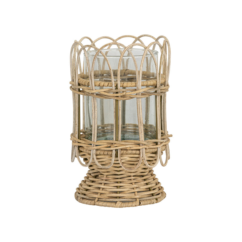 Beige Ceramic Coastal Candle Holder with Rattan Accent