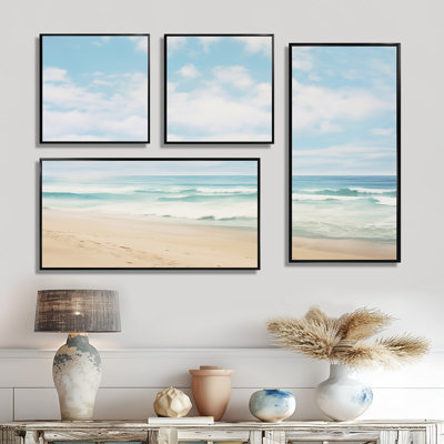 «Beach Photo Coastal Tranquility III», art mural sur toile nautique beige 4 pièces