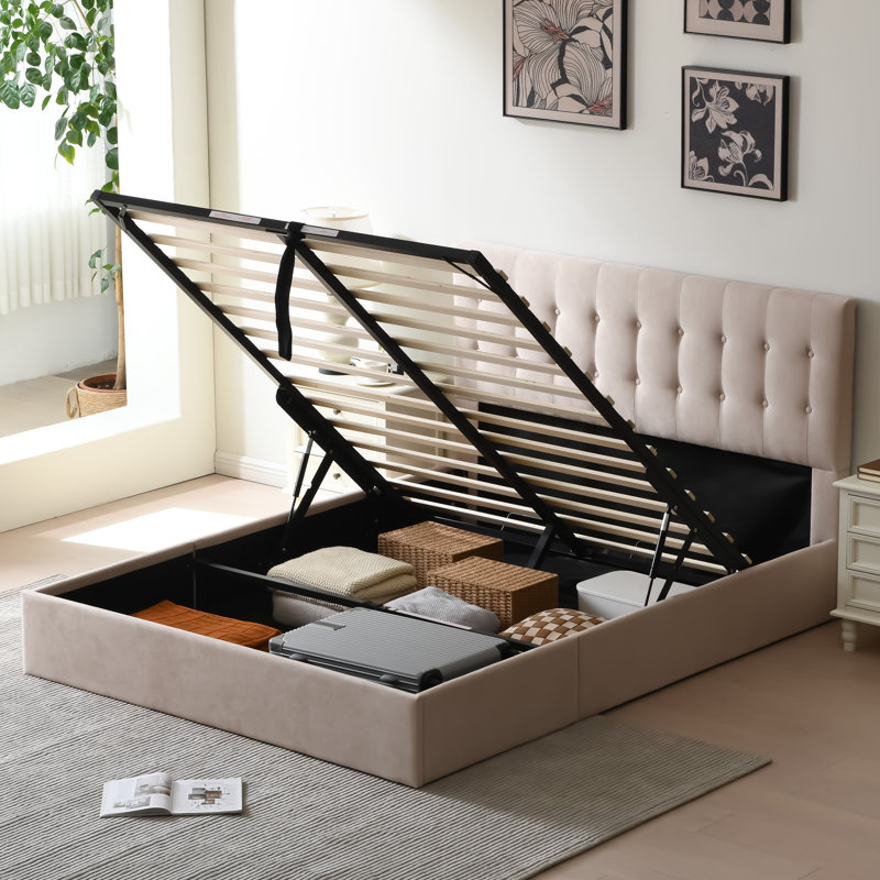 Lit plateforme tapissier avec rangement Arcadia, Double, Kaki