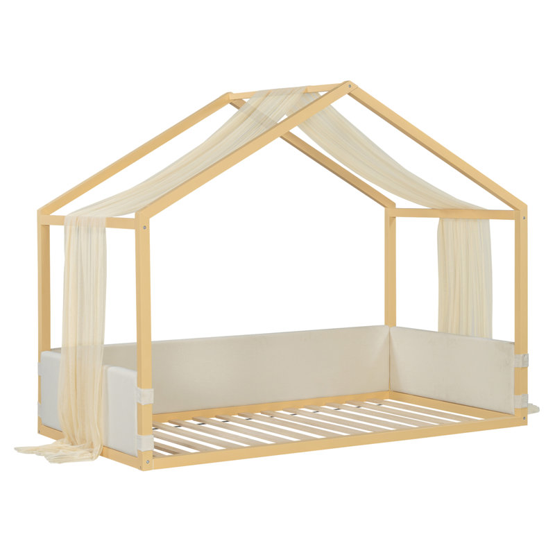 Lit simple à baldaquin avec panneaux latéraux rembourrés en velours, auvent en gaze respirante, base de lit plateforme à rembourrage doux, lit moderne à assemblage facile pour la chambre à coucher, chambre d'amis